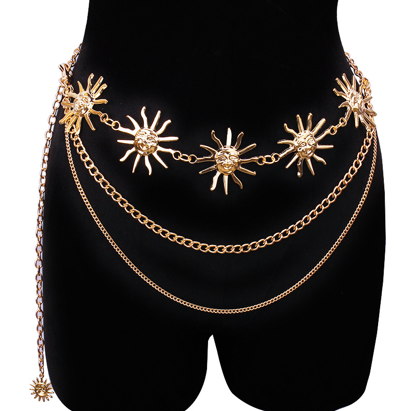 Body Jewelry By The Chain Gang - Klobige mehrschichtige Punk-Gothic-Mond-Sonnen-Taillenkette, Metall-Taillengürtel für Frauen,